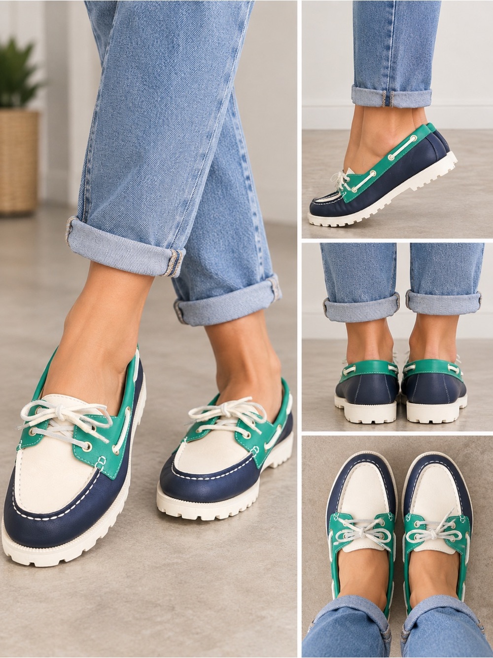 Talbots Womens Boat Shoes Size 7.5 Navy Green White Leather Lug Sole Loafers